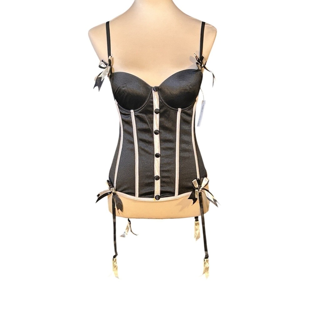 Native Intimates Corset Bustier 34B Black/White Satin Bows Removable Garters NWT